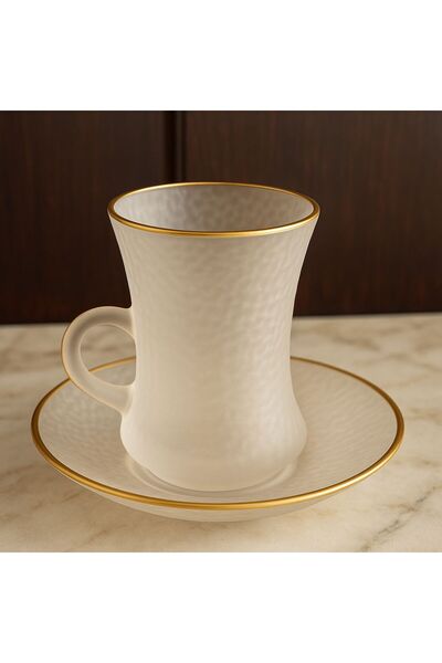 MASA طقم بيالات 6حبة مع 6صحون قزاز ابيض خط ذهبي