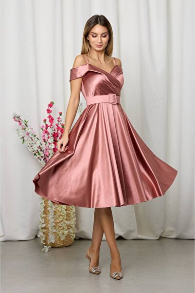 NONCONCEPTMODA Düşük Omuz Kemerli Saten Elbise