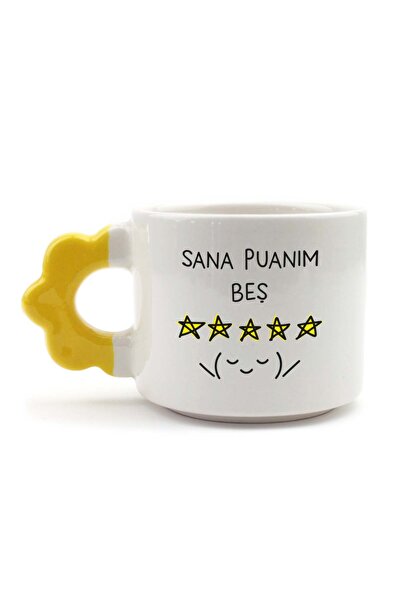 PALTO TASARIM Sana Puanım Beş Handmade Cream Shiny Flower Handle Mug - Handcrafted Gift Mug Cup