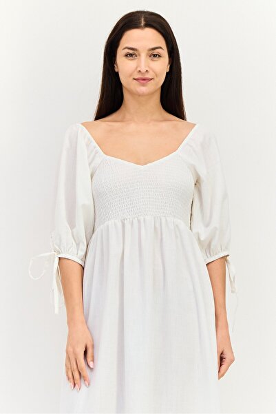 Brave Soul Women Ruched Tiered Dress, Off White