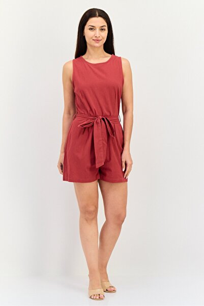 Brave Soul Women Plain Sleeveless Belted Playsuit, Dark Red