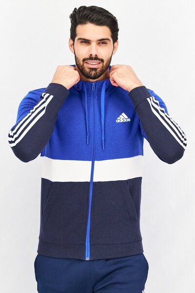 adidas Men Sport Fit Long Sleeve Training Hooded Fleece Sweatshirt, Blue/White/Navy