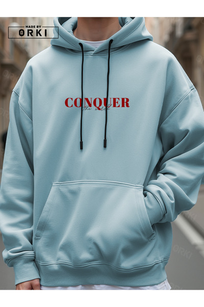 EFFRENATU Conquer the World Printed Light Blue Oversize Hooded Sweatshirt Hoodie