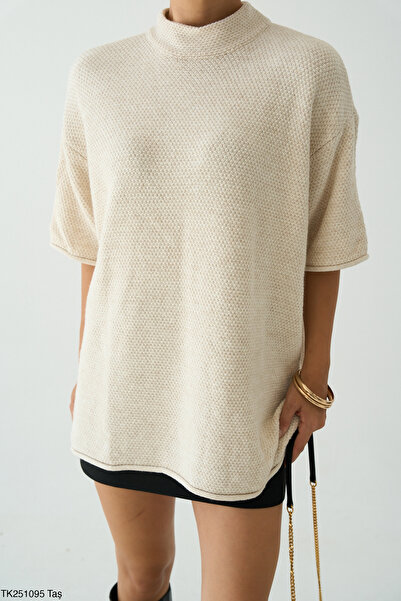 LOOSH Kadın Taş Rengi Dik Yaka Yarım Kol Bluz