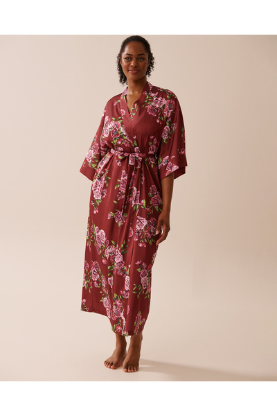 La Vie en Rose Rose Print Satin Long Kimono