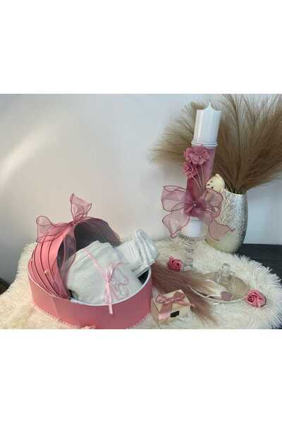 OEM Complete baptismal kit set with candle dressed in pink velvet
