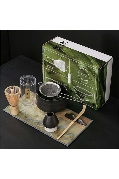 Saharaz طقم شاي ماتشا مكون من 7 قطع مع وعاء سيراميك، مصفاة، ملعقة تقليدية، خفاقة ماتشا من الخيزران