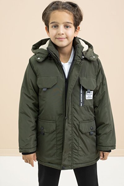 Cansın Mini Khaki Text Detailed Boys' Hooded Coat with Chest Pocket and Fur Inside 21476
