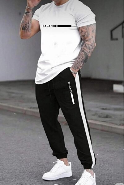 NO 601 Men's White Oval Slim Fit Tight T-Shirt Black Side White Tight Sweatpants Bottom Balance Printed Set