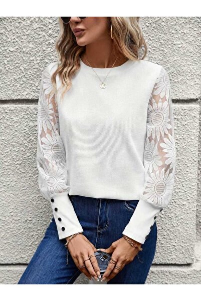 moda wanilia Bluză cu guler rotund mâneci pentru femei, cu modele florale