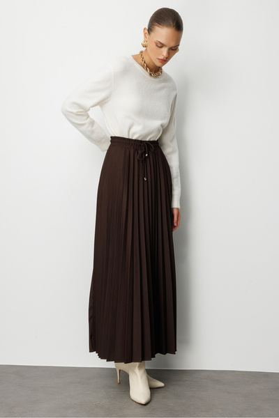 Mizalle Örme Krep Piliseli Maksi Kahverengi Etek