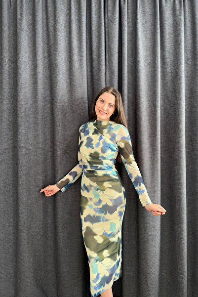 Sorridi Drapeli Tül Bisiklet Yaka Uzun Kollu Maxi Elbise