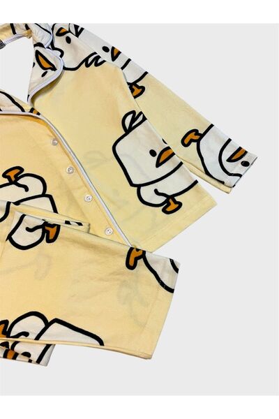 tusem butik homewear Kız Çocuk Pamuklu Süet Kumaş Sarı Civciv Desenli Uzun Kollu Gömlek Yaka Düğmeli Pijama Takımı
