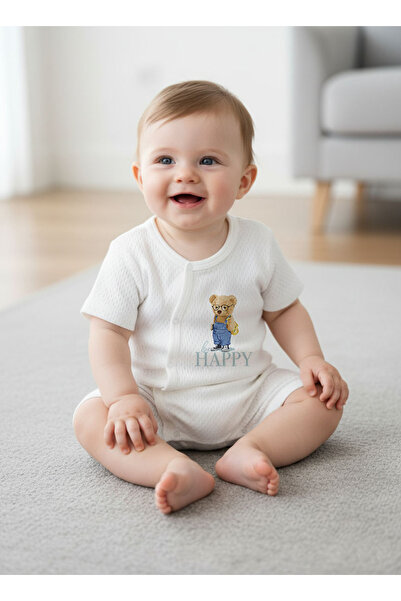 Tuğba Kuğu Jacquard Romper Bodysuit - Pure Baby - Teddy Bear with Overalls