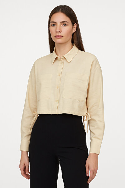 Meşe Moda Cămașă crop bej cu șireturi