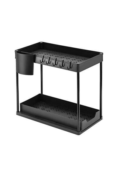 Lawazim منظم خزانة أسفل الحوض - سلة سحب سوداء من طبقتين مع حامل أدوات وخطافات