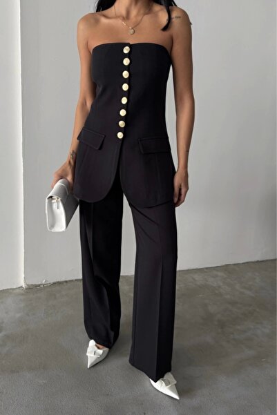 NORA Boutique Design Gold Buttoned Strapless Vest - Black