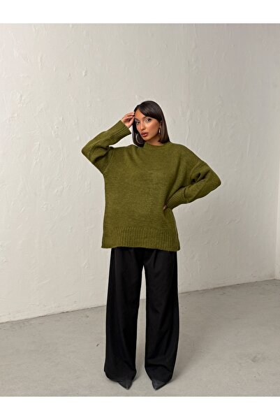 BEJNA Women's Khaki Soft Textured Crew Neck Oversize Basic Knit Sweater