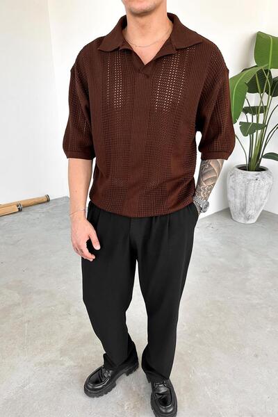 HAFKAGİYİM Μπλουζάκι από πλεκτό ύφασμα με καφέ γιακά πόλο