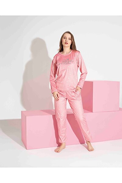 Tarık Women's 100% Cotton French Velvet Pink Heart Pattern Long Sleeve Crew Neck Pajama Set