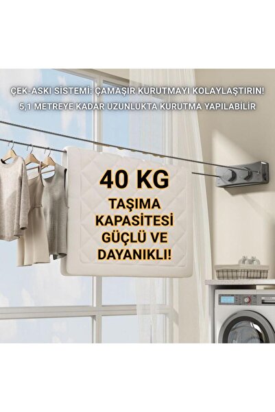 coofbe 40Kg Taşıma Kapasiteli Çelik Çamaşır Asma İpi Makinası Çamaşır Kurutma İpi Çamaşır Askılığı