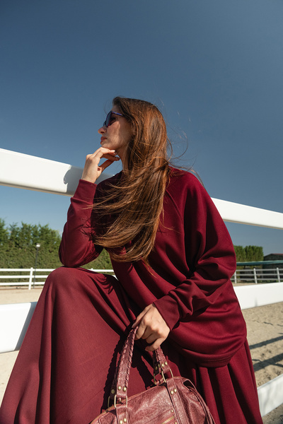 LOCCO Women's Bat Sleeve Two-Piece Set Burgundy