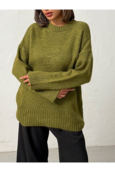 BEJNA Women's Khaki Soft Textured Crew Neck Oversize Basic Knit Sweater