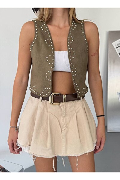 İLKCET MODA Suede Çakım Stone Regular Women's Vest