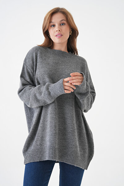 barış sülün lovebox Women's Crew Neck Oversize Anthracite Knitwear Sweater 4090