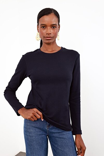 5in1Canpolat Navy Blue Long Sleeve Basic T-Shirt 1103