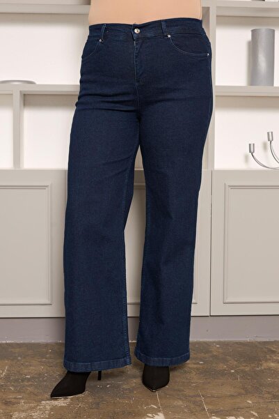 RMG Elastic Waist Wide Leg Plus Size Jeans Dark Navy Blue