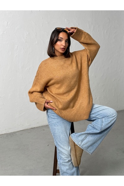 BEJNA Women's Camel Soft Textured Crew Neck Oversize Basic Knit Sweater