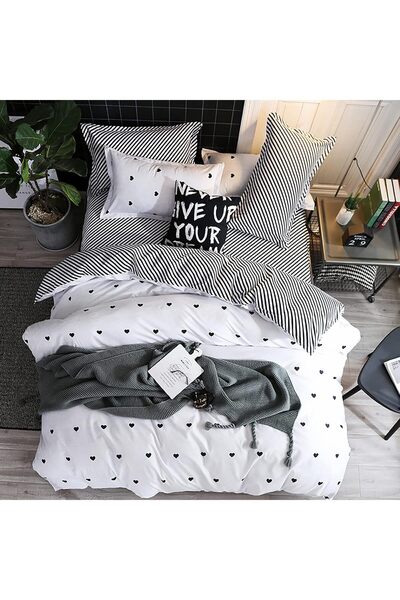 fulina White Black Duvet Cover Set,Lovely Heart-Shaped Reversible Geometric Plaid,3PC Bedding Set