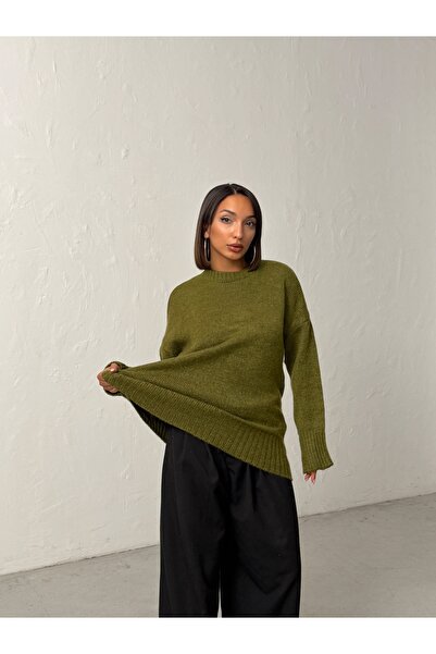 BEJNA Women's Khaki Soft Textured Crew Neck Oversize Basic Knit Sweater