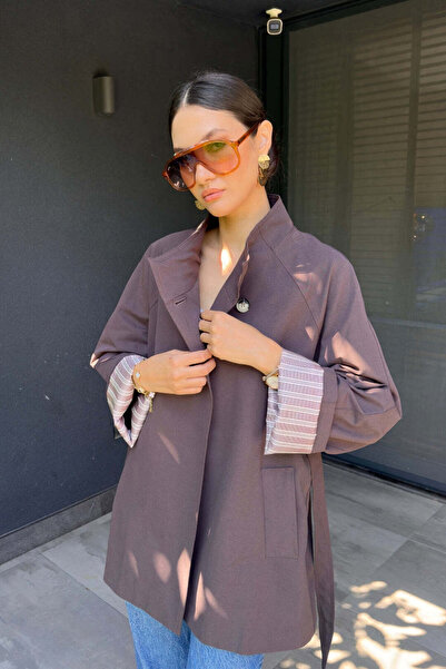 FABB Kahverengi Tek Düğmeli Kısa Trençkot