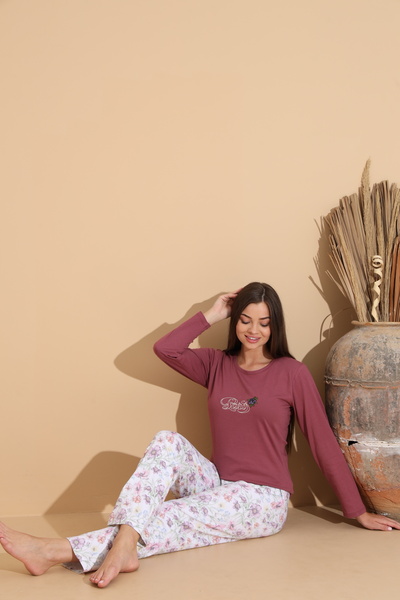 Serena Pijama damă grena „PARIS” cu pantaloni lungi floral – 100% bumbac