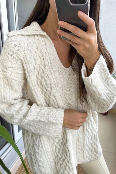 My Blog Pulover cu guler polo crem - 241265