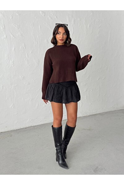 BEJNA Γυναικείο πουλόβερ από μαλακό πλεκτό βασικό καφέ με σχισμή στο πλάι