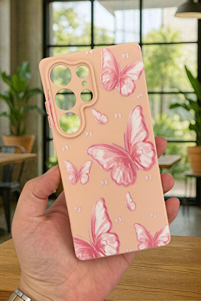 Vip Case Samsung Galaxy S25 Ultra - Pembe Kelebek Desenli Silikon Darbe Emici...