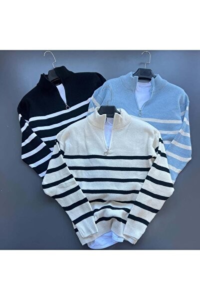 cheen 3-Piece Striped Half-Zip Knit Sweater