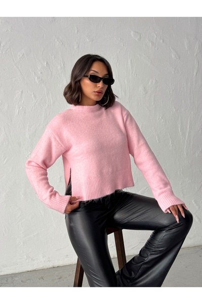 BEJNA Women's Pink Side Slit Basic Soft Knit Sweater