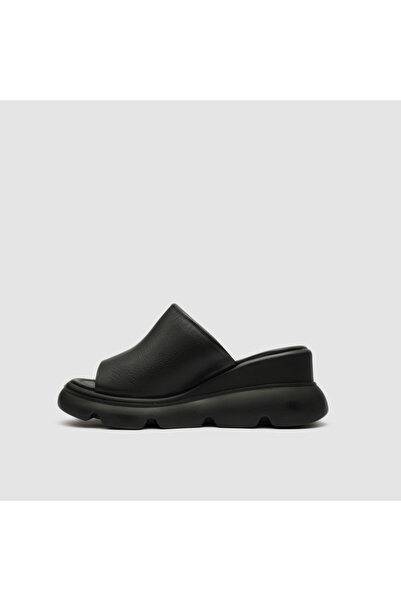 TOGO Siyah Hakiki Deri Kadın Dolgu Topuk Terlik [060267]