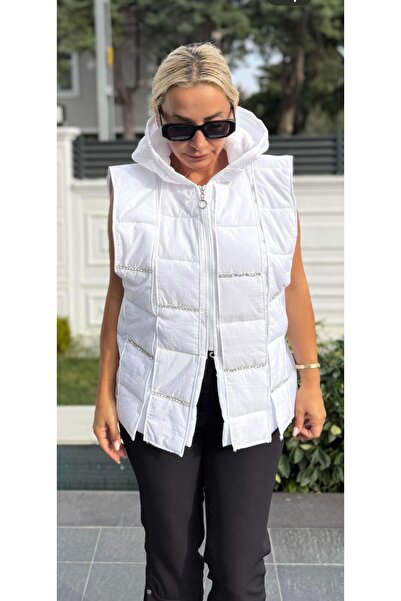 Muna Boutique Zippered Stone Detailed Short Sleeve White Women's Jacket