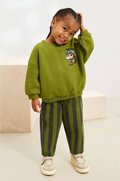 Uğur bebe Capybara Patterned 3 Thread Non-Fleece Tracksuit Set Green Striped Bottom, Casual Comfortable Combination