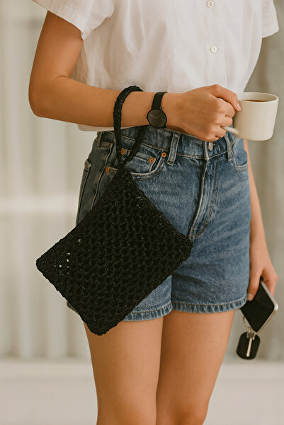 Muses Made Özel El Yapımı Siyah Tığ İşi Örgü Çanta - Bilezikli Parlak Gece Çantası