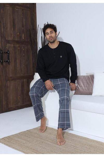 BOYRAZ Men's pajamas - black blouse with buttons and badge, gray checked pants, 100% cotton