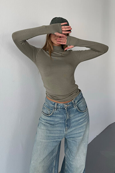 BE CHİC Γυναικεία μπλούζα με χακί χρώμα, μισό γιακά ψαράδικο, με κορδόνια, βαμβακερό ύφασμα MODAL, απλή βασική μπλούζα LW10022