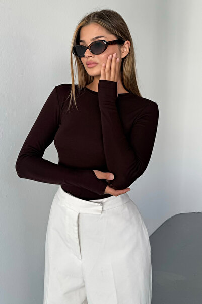 BE CHİC Γυναικεία καφέ μπλούζα με λαιμόκοψη με κορδόνια MODAL BASIC LW1001