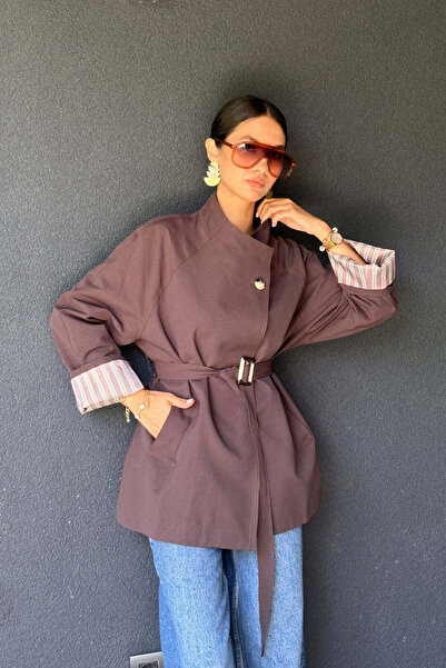 FABB Kahverengi Tek Düğmeli Kısa Trençkot