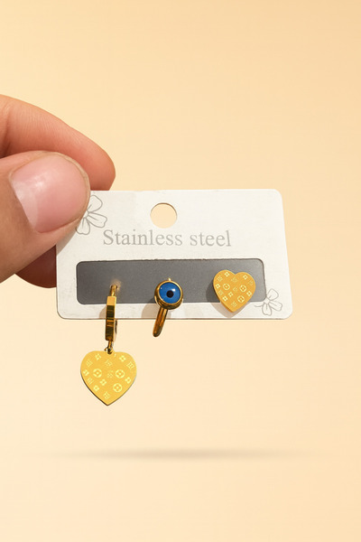 G Sport POLO 3-Piece Motif Heart Detailed Colorfast Steel Earrings
